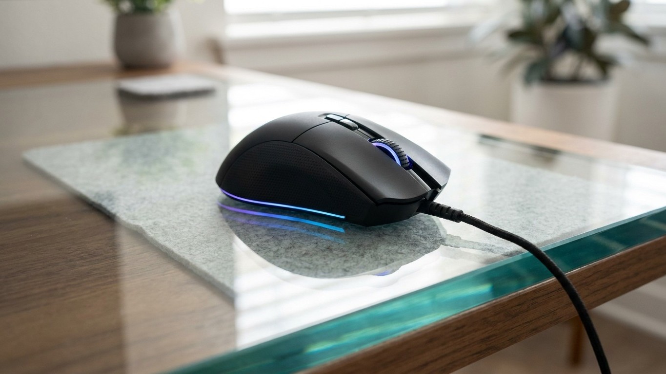 Mon collègue garde toujours un carré de tissu sous sa souris gamer sur son bureau vitré et ce n'est pas pour protéger le v...